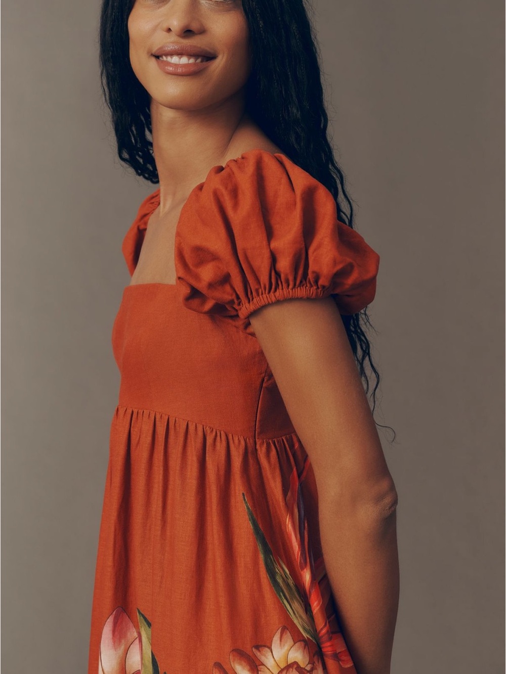 FARM Rio Rust Floral Puff-Sleeve Midi Dress - Picture 2 of 4